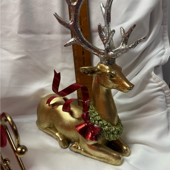 Holiday Red Sleigh with Gold Detailing with 2 reindeer with glittered wreaths - Picture 5 of 10